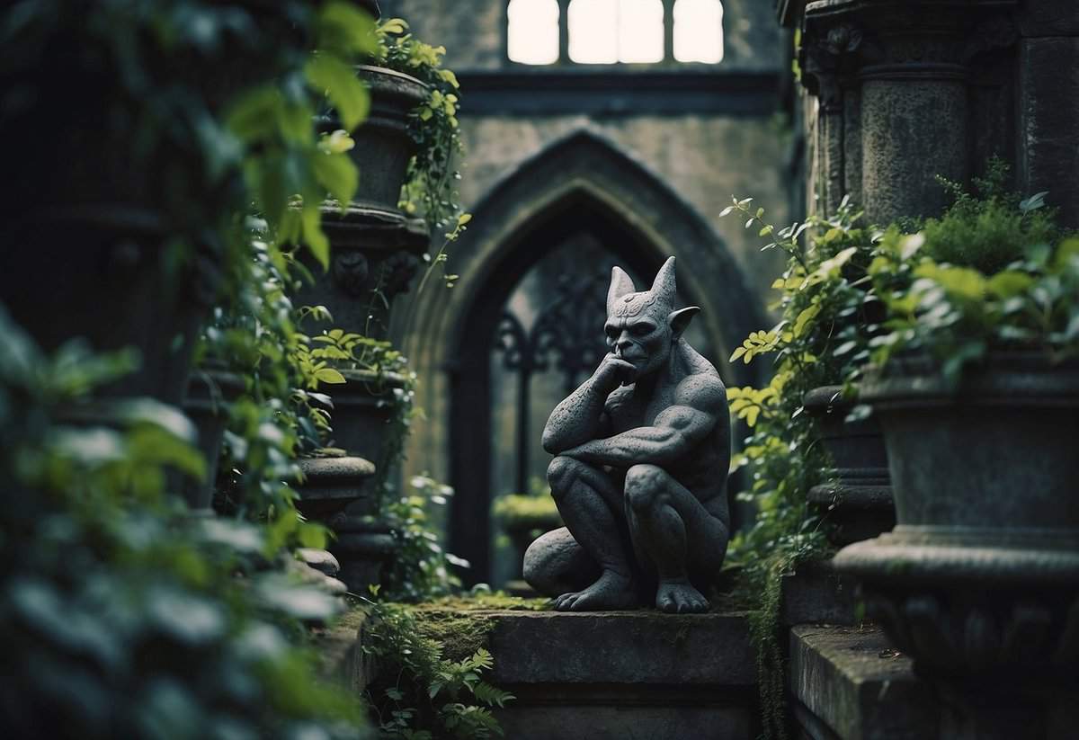 Gothic garden with gargoyle planters, surrounded by overgrown vines and dark, eerie atmosphere