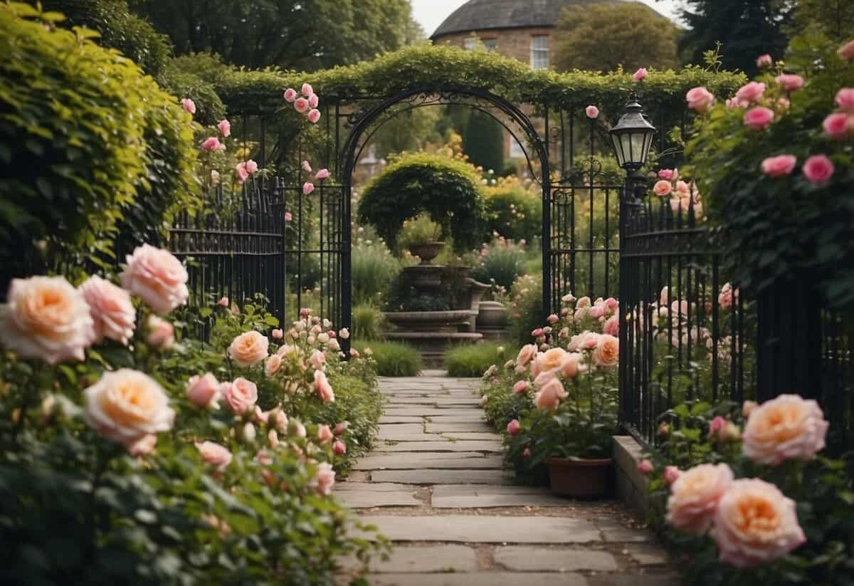 A lush Victorian garden with heirloom roses in full bloom, surrounded by ornate iron fences and stone pathways