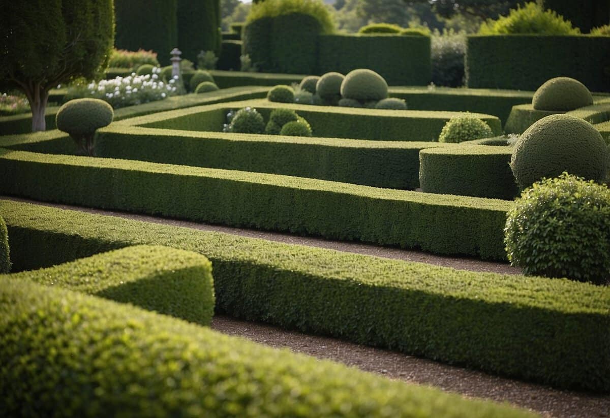 A maze of neatly trimmed boxwood hedges creates a sense of order and elegance in a Victorian garden. Tall, dense walls of greenery form intricate patterns, leading the eye through the meticulously manicured landscape