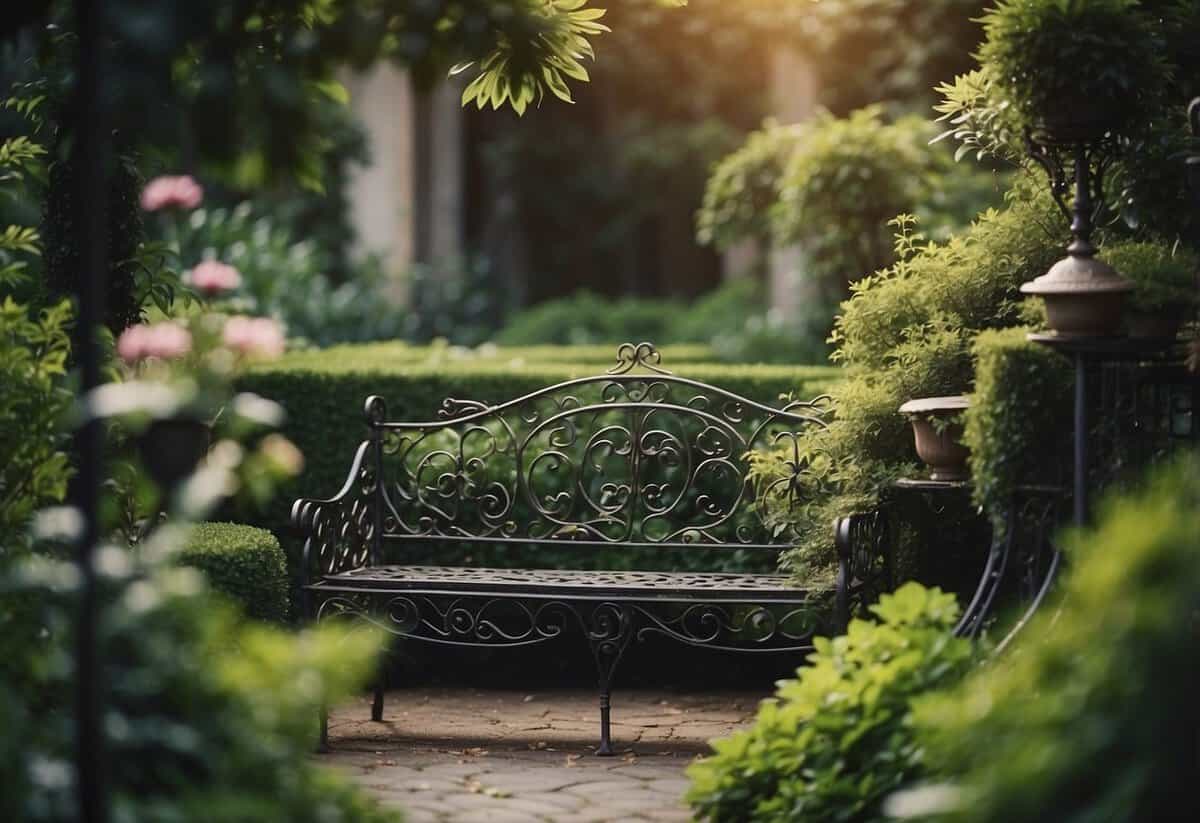 Victorian garden with ornate wrought-iron furniture and lush greenery