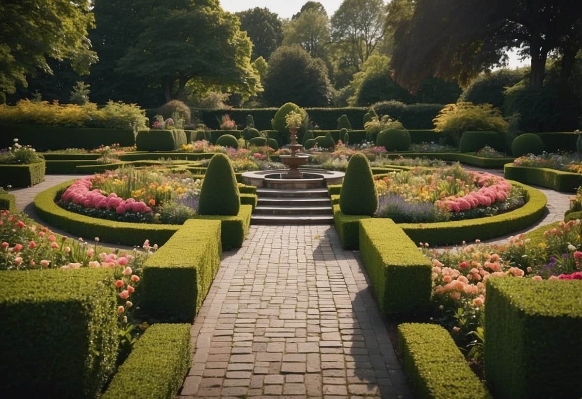 Circular garden beds arranged in a symmetrical pattern, filled with vibrant flowers and lush greenery. Surrounding the beds are ornate Victorian-style garden features such as wrought iron fences, decorative trellises, and elegant stone pathways