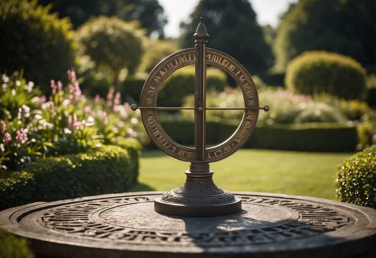 A Victorian sundial stands in a lush garden, surrounded by blooming flowers and manicured hedges. The ornate metal structure casts a shadow on the intricately patterned ground below