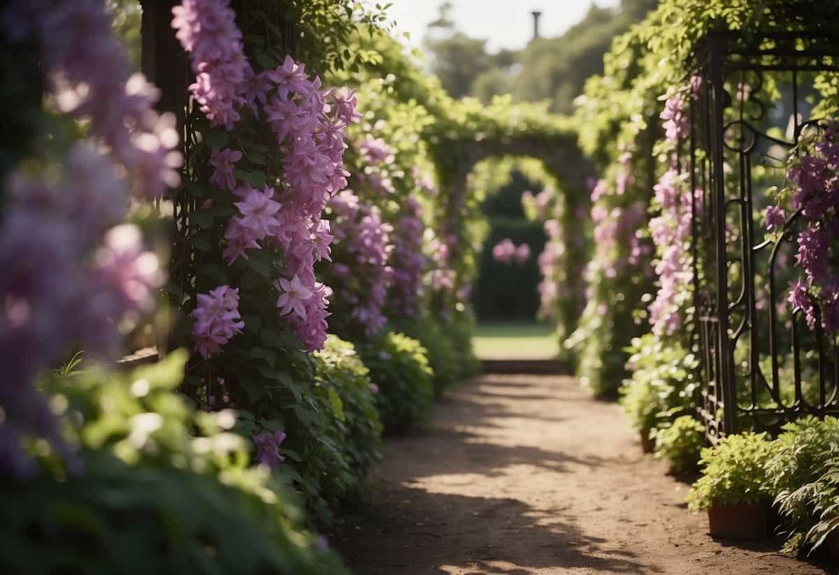 Lush clematis vines climb trellises in a Victorian garden, intertwining with delicate flowers and creating a picturesque scene