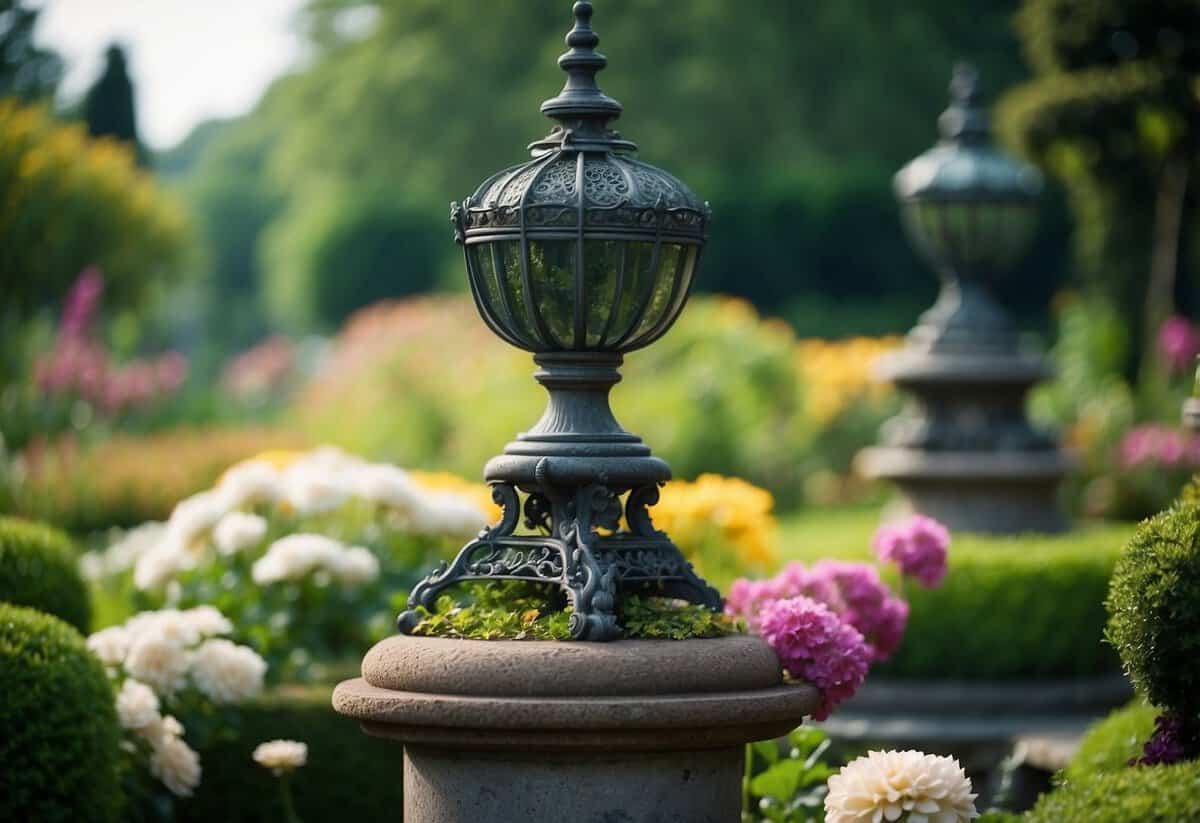 A serene Victorian garden with ornamental ponds, surrounded by lush greenery and colorful flowers, adorned with elegant statues and intricate ironwork