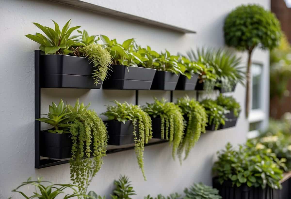 A wall-mounted vertical planter shelf with various plants cascading down, creating a lush and narrow garden space