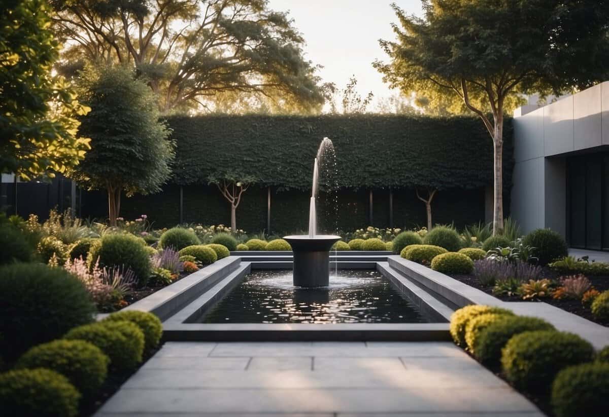 A sleek water fountain surrounded by narrow garden beds with modern landscaping ideas