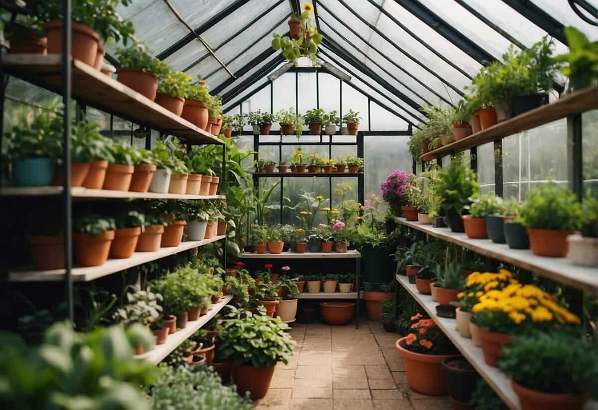 A small greenhouse nestled in a narrow garden, filled with lush greenery and colorful flowers. The space is efficiently utilized, with hanging plants and potted herbs lining the shelves