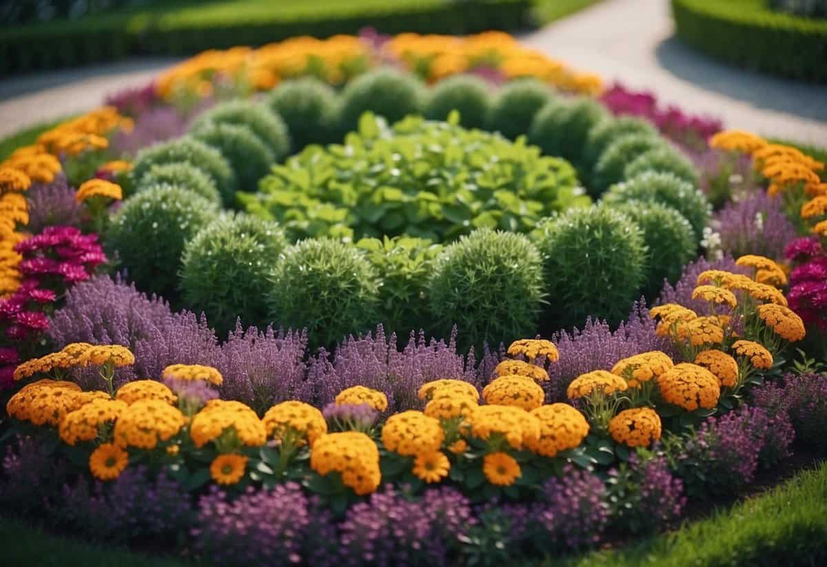 Circular flower beds arranged in an oval garden, surrounded by lush greenery and vibrant blooms