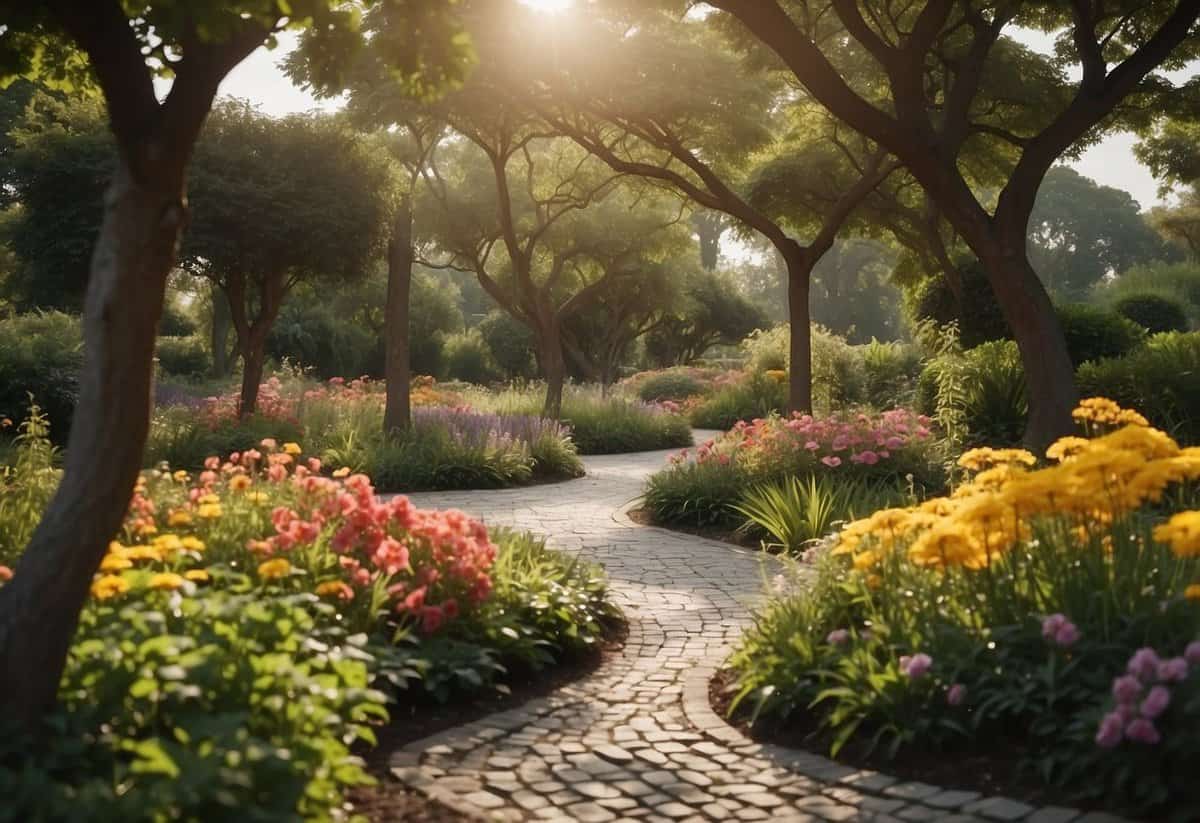 Curved pathways wind through an oval garden, lined with colorful flowers and lush greenery, creating a peaceful and inviting atmosphere