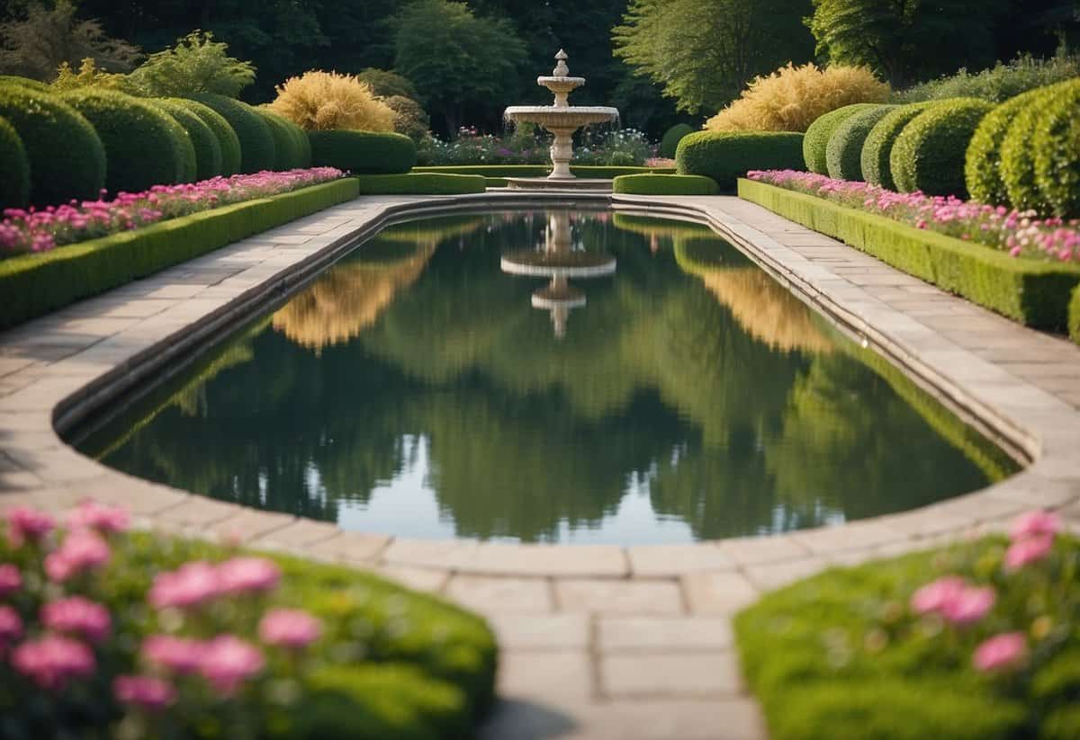 The oval reflecting pools are surrounded by lush greenery, with perfectly manicured hedges and colorful flowers creating a serene and harmonious garden setting