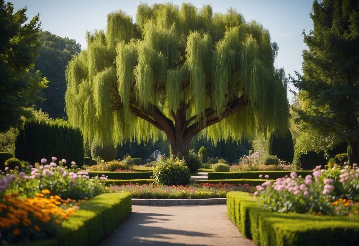 A willow tree stands tall in the center of an oval garden, surrounded by vibrant flowers and lush greenery