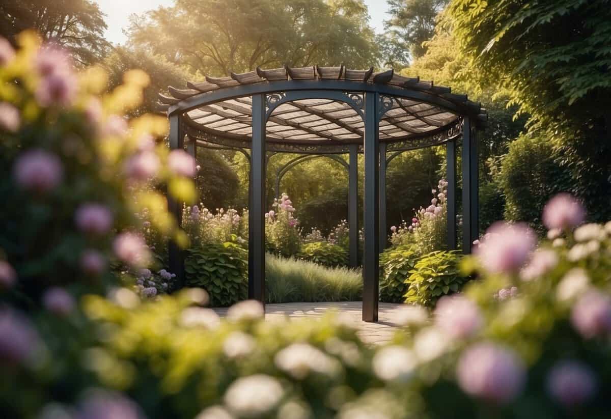 An oval-shaped pergola stands in a lush garden, surrounded by blooming flowers and winding vines, creating a tranquil and picturesque outdoor space