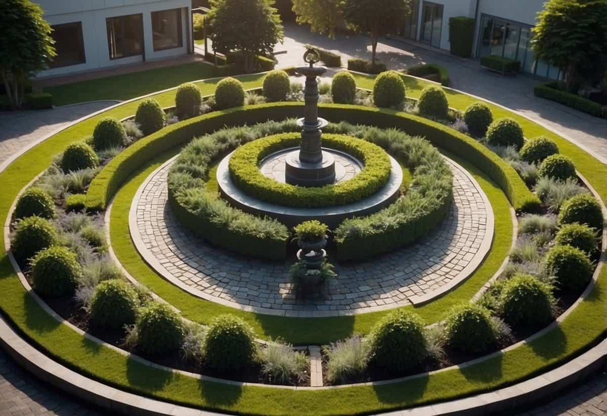 A circular herb garden with neatly arranged plants and pathways, surrounded by a low hedge or fence, with a central focal point like a fountain or statue