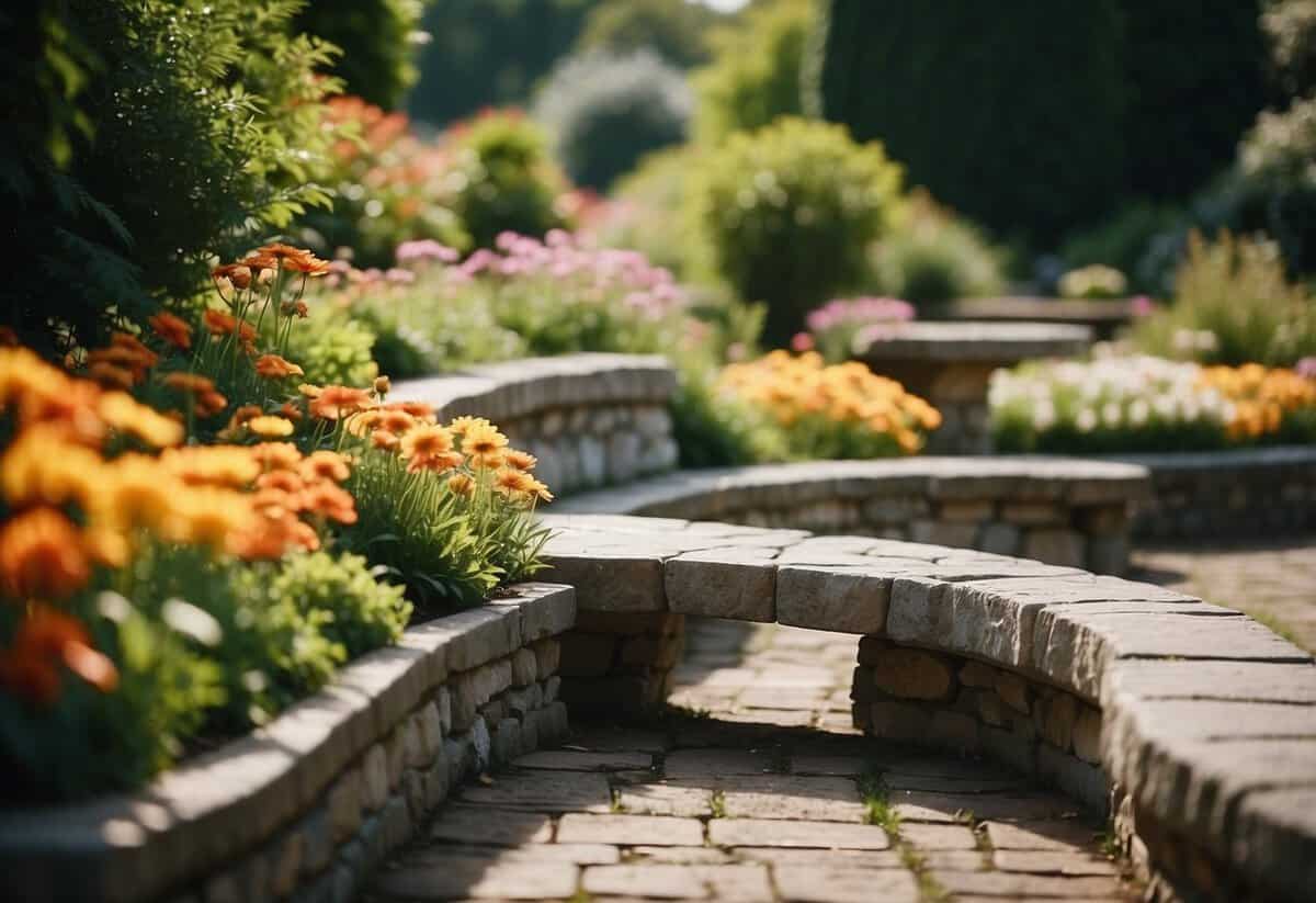 Stone benches curve around a lush oval garden, with vibrant flowers and greenery