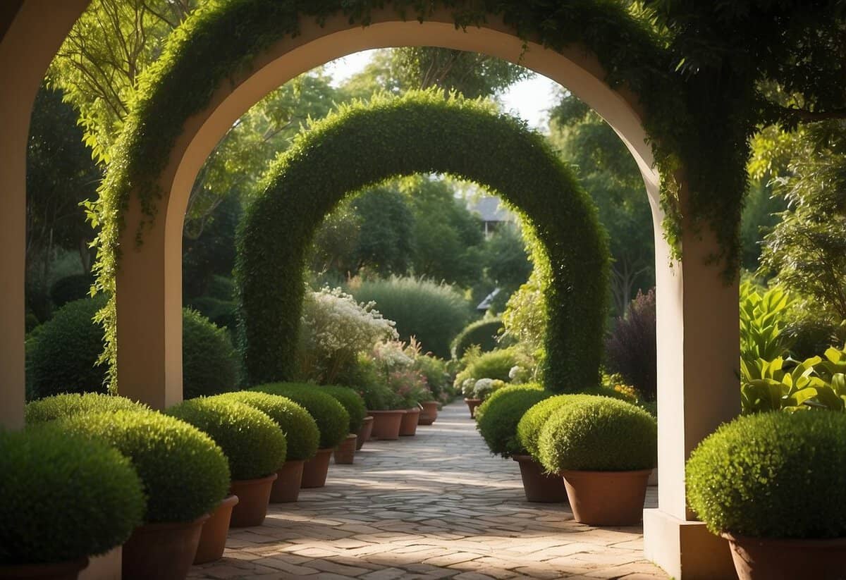 Lush greenery frames a series of oval garden archways, creating a serene and inviting space for relaxation and contemplation