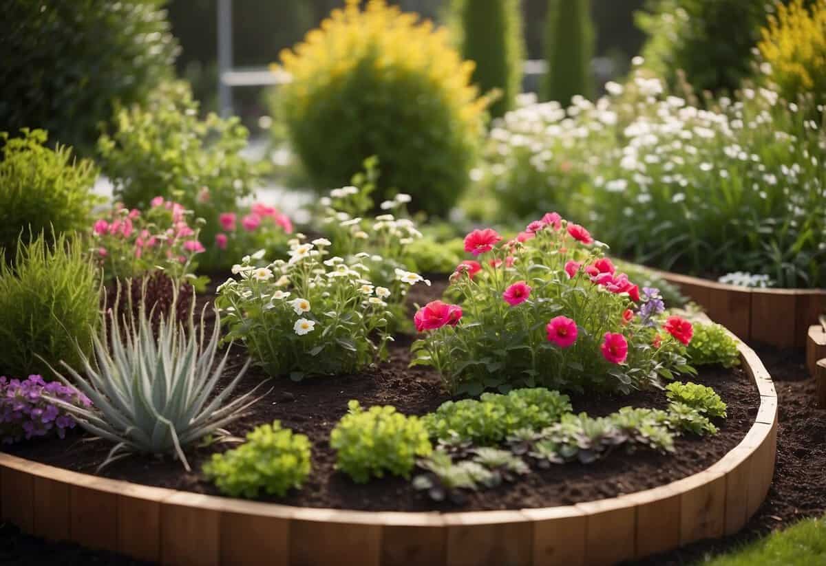 Three raised oval garden beds arranged in an elliptical shape, filled with various plants and flowers