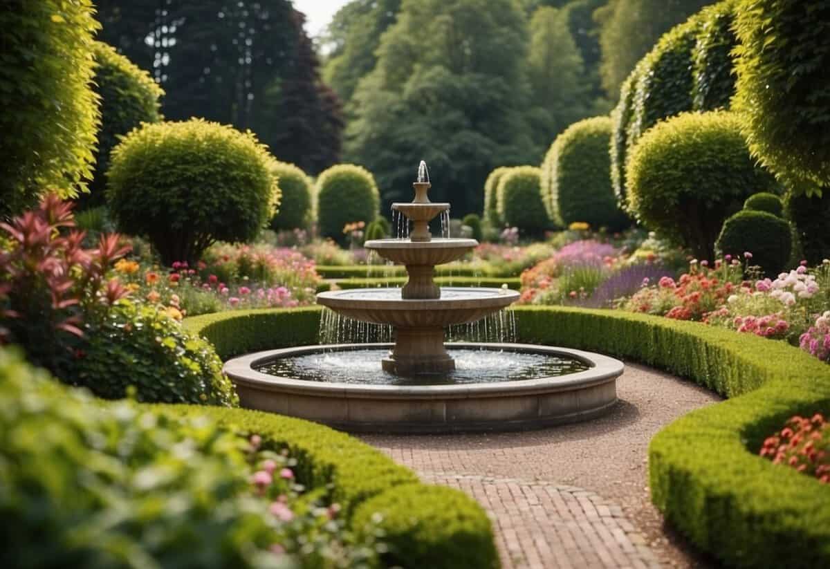 A circular garden path winds through a lush oval garden, bordered by colorful flowers and neatly trimmed hedges. A central focal point, such as a fountain or sculpture, adds interest to the design