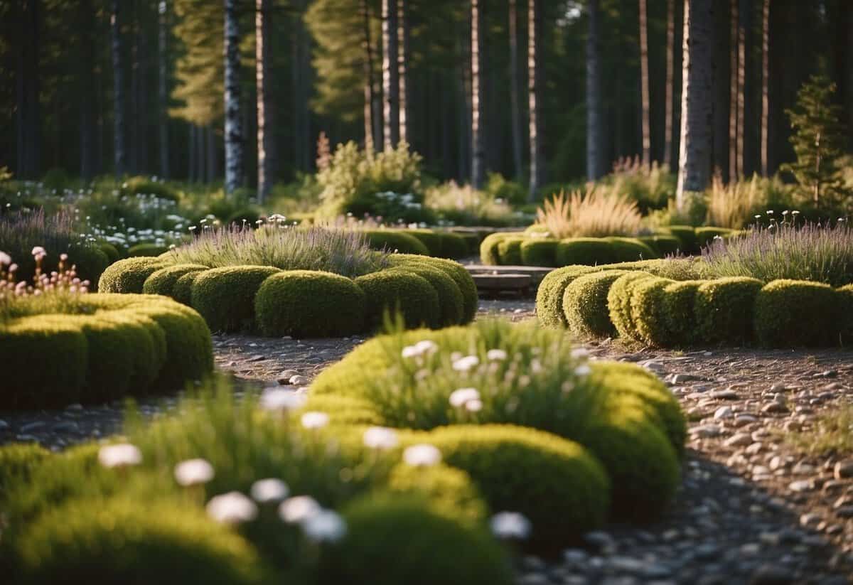 Stone garden beds rise in a Nordic garden. Moss-covered rocks and wildflowers fill the raised beds, surrounded by tall pine trees