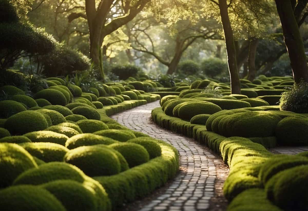 A winding pathway through a tranquil garden, lined with vibrant green moss and dappled with soft sunlight filtering through the trees