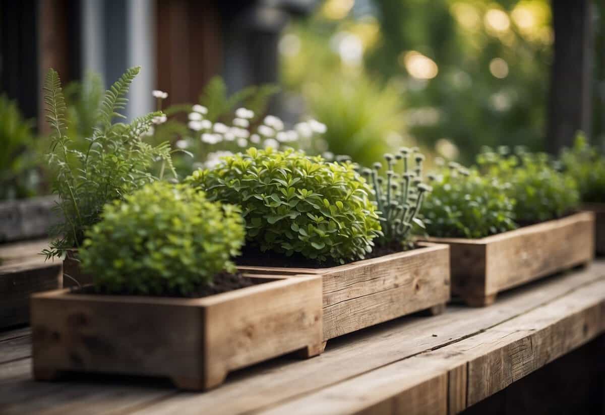 A peaceful garden with rustic reclaimed wood planters, surrounded by lush greenery and simple nordic design elements