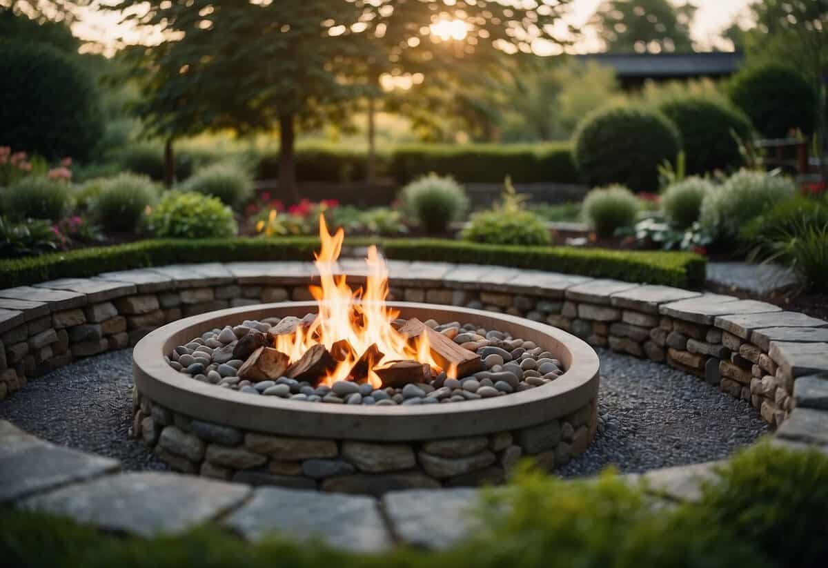 A fire pit sits in the center of a circle of smooth stones, surrounded by lush greenery and Nordic-inspired garden decor