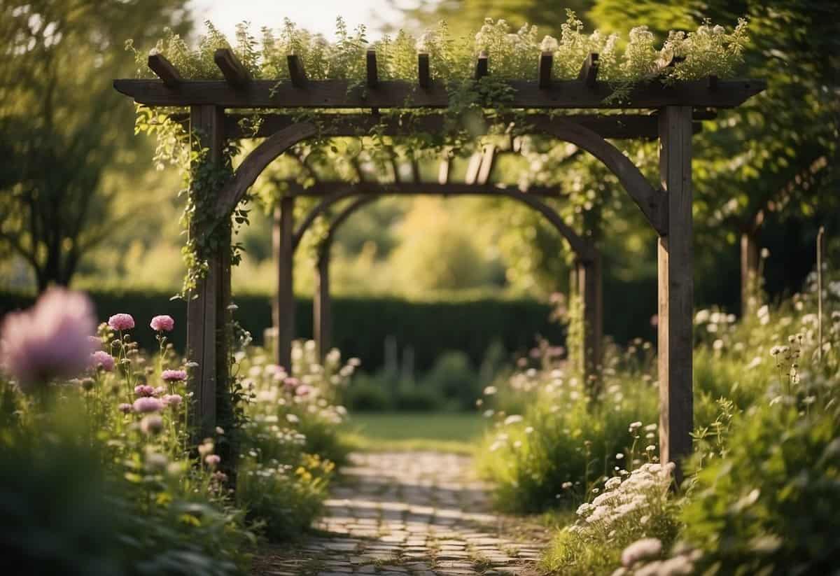 A rustic pergola stands in a serene Nordic garden, surrounded by lush greenery and delicate flowers, creating a peaceful and inviting atmosphere