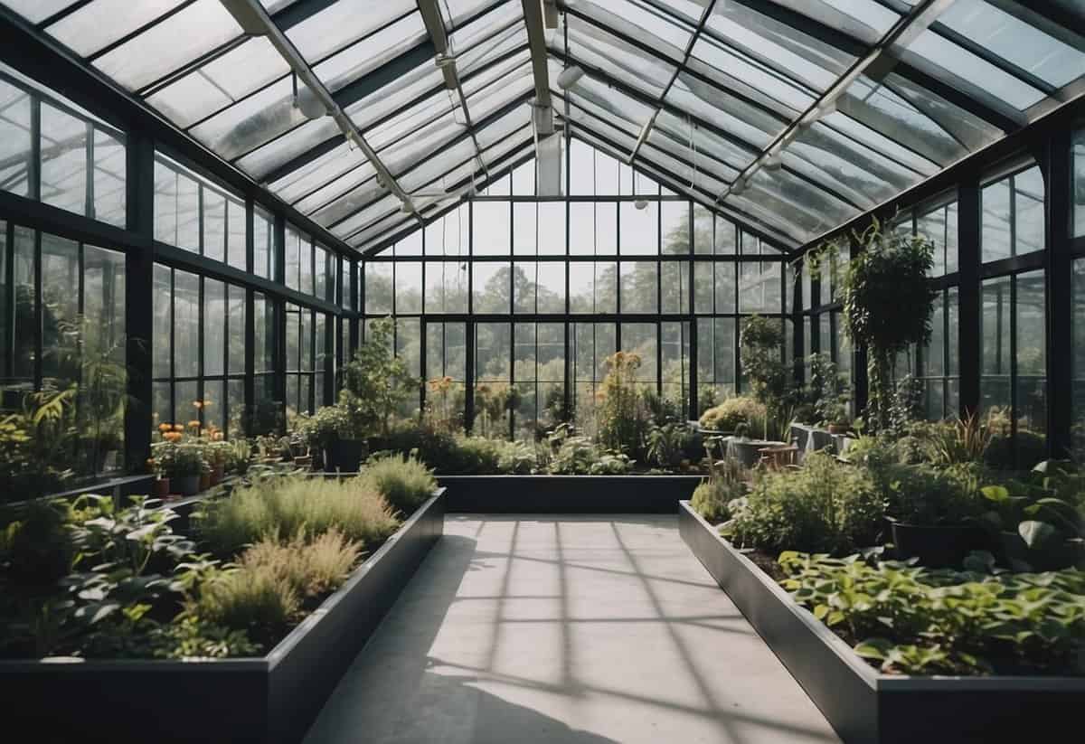 A sleek, minimalist greenhouse surrounded by lush greenery and modern Nordic garden features