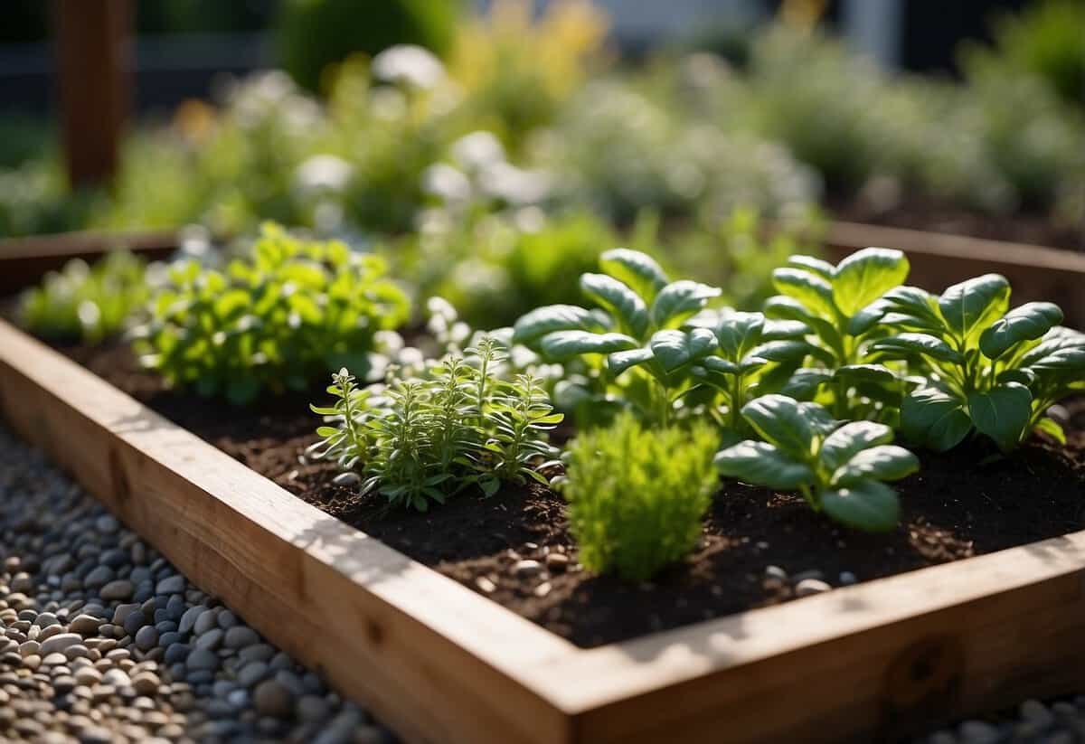 A variety of edible herbs, such as basil, mint, and rosemary, are neatly arranged in raised garden beds surrounded by gravel paths and wooden borders, creating a serene and organized Nordic garden