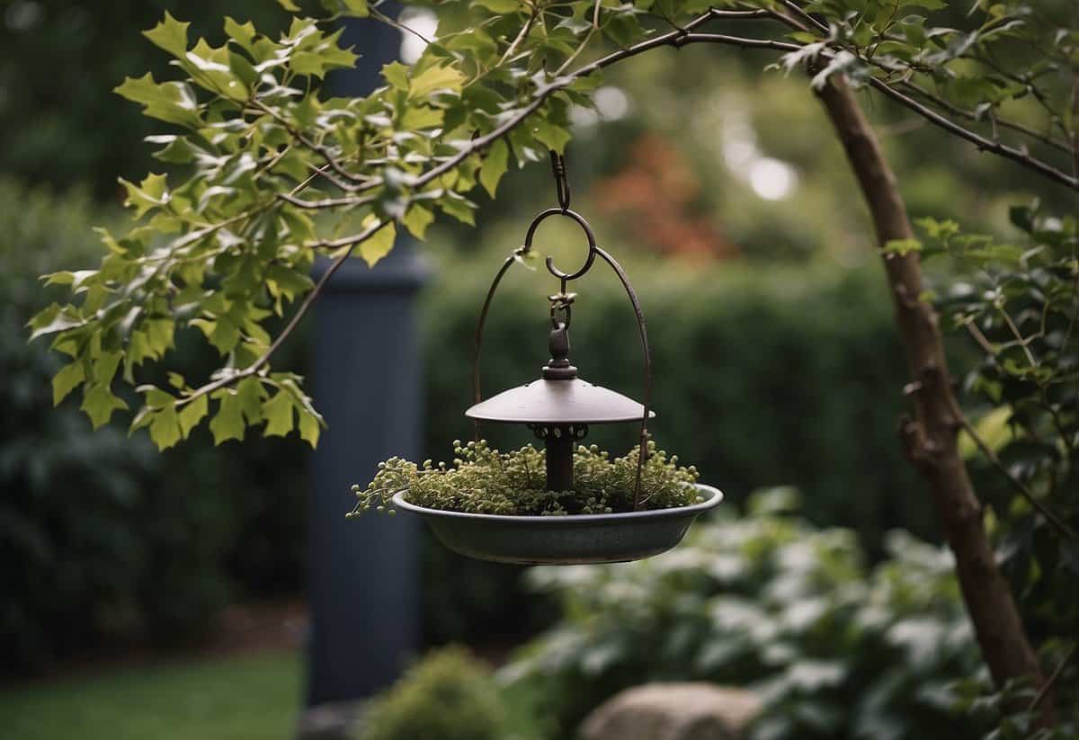 A variety of bird-friendly shrubs, such as holly, elderberry, and serviceberry, are arranged in a Nordic garden. A bird feeder and bath are nestled among the bushes