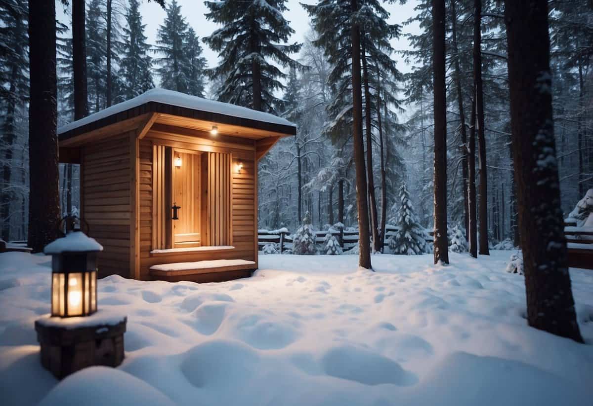 A wooden sauna sits among snow-covered trees in a serene Nordic garden, with lanterns casting a warm glow on the peaceful scene