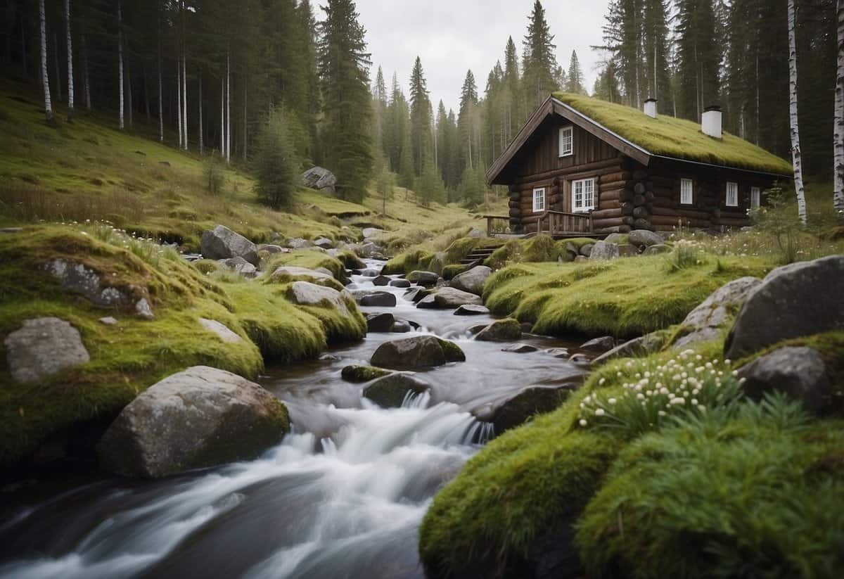 A serene Nordic garden with a wooden log cabin, moss-covered rocks, birch trees, and a tranquil stream flowing through the landscape