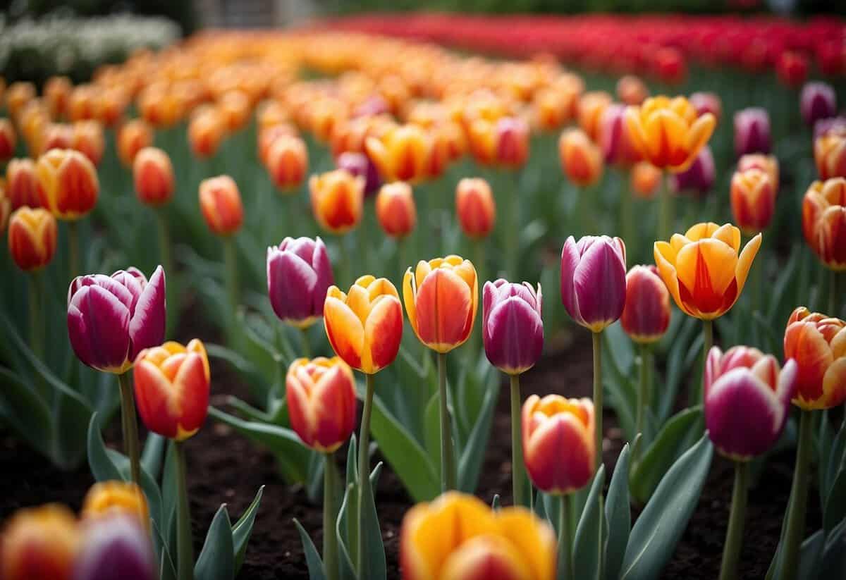 A colorful array of tulips in various shades and heights, neatly arranged in symmetrical beds, creating a vibrant and inviting front garden display