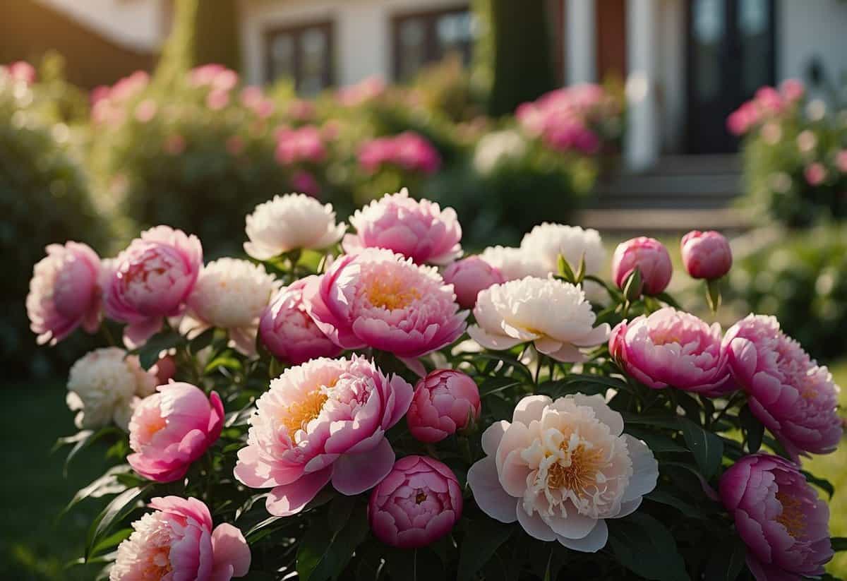 A colorful array of peonies bloom in a neatly arranged garden, creating a vibrant and inviting display in the front of a house