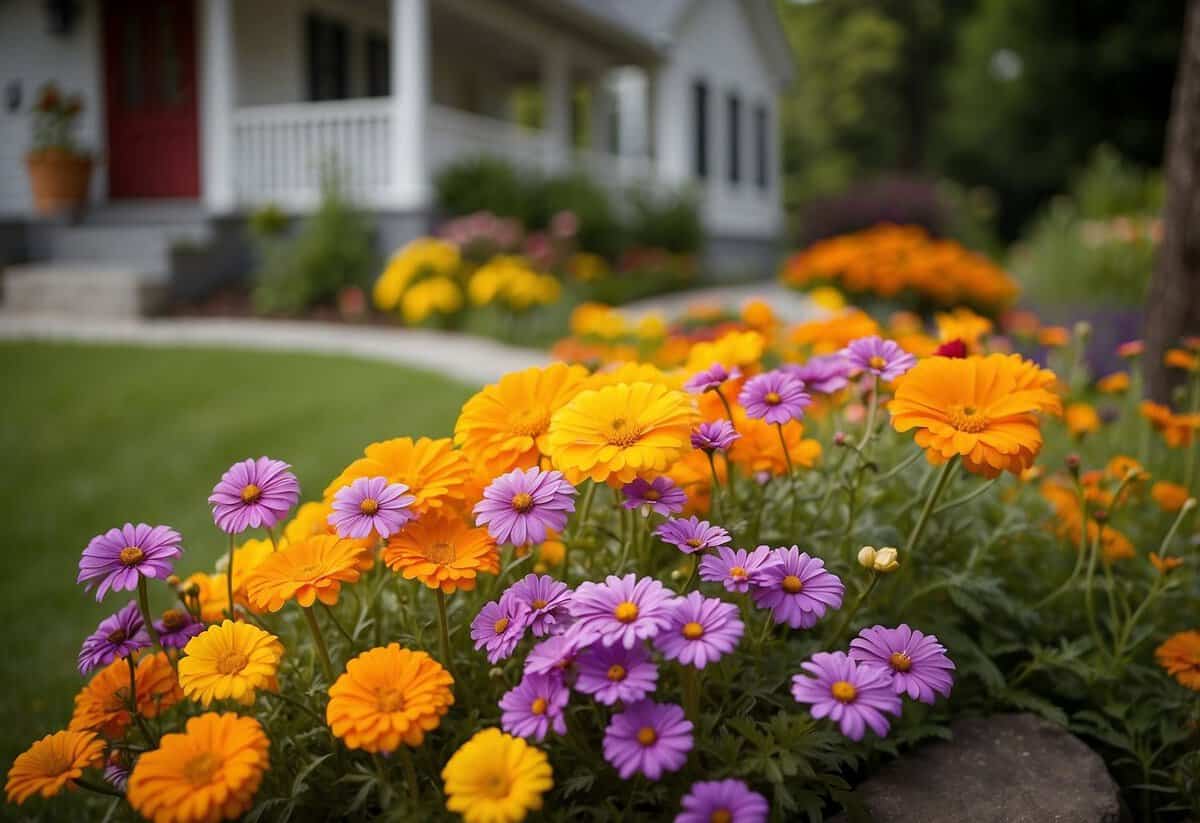 A colorful array of daisies, marigolds, and petunias bloom in neat clusters along the front of a charming house, creating a vibrant and inviting flower garden