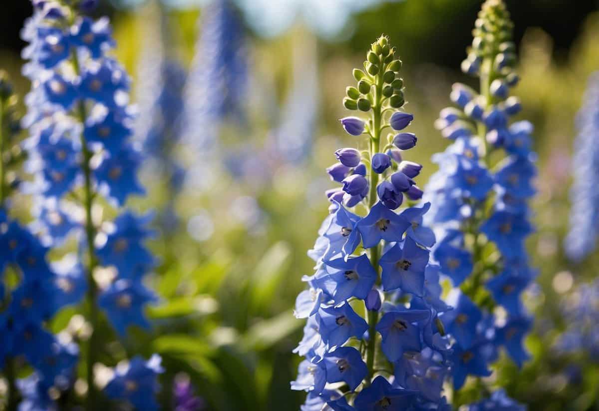 A vibrant garden of delphiniums in full bloom, with a backdrop of lush greenery and a clear blue sky