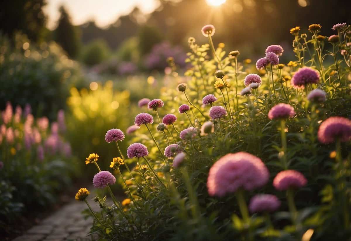 Lush garden with vibrant flowers basking in the warm glow of the setting sun, casting a golden hue over the serene landscape