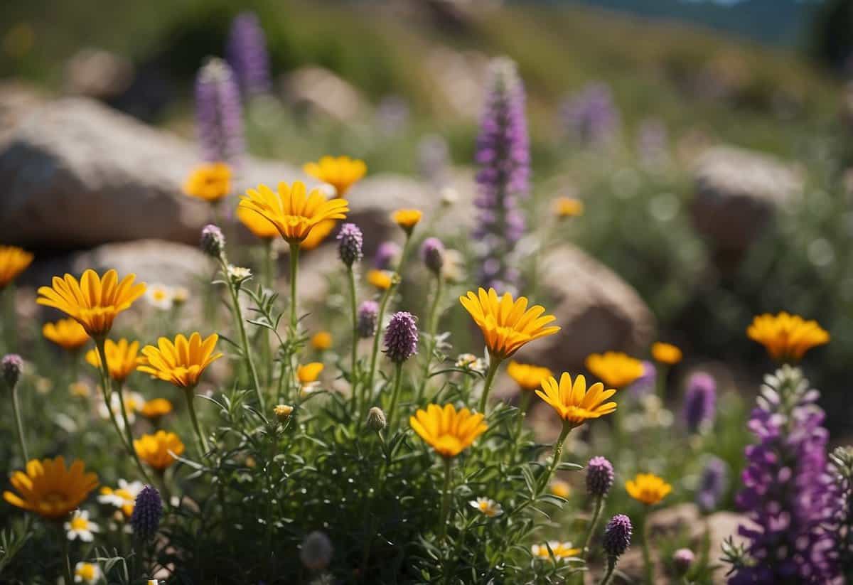 A vibrant Rocky Mountain wildflower garden in Utah, with a variety of colorful blooms and lush green foliage creating a picturesque scene