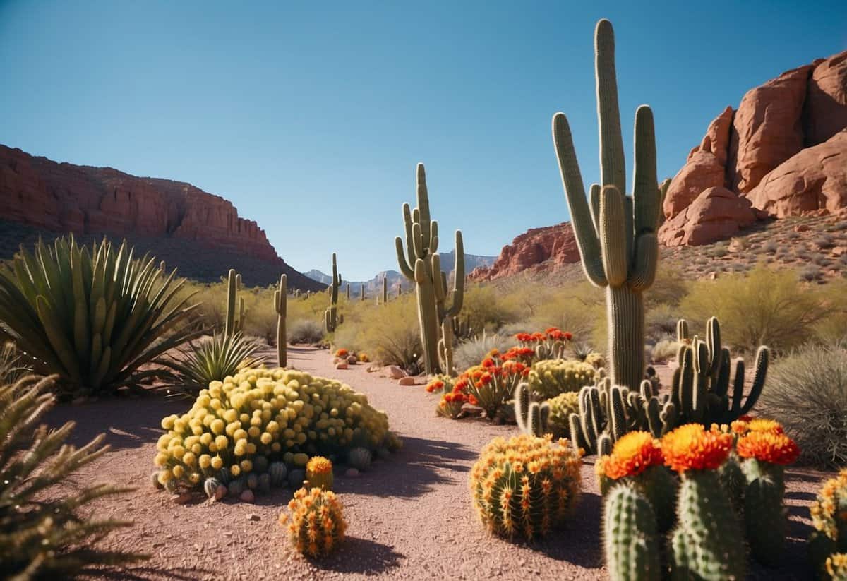 A lush desert oasis garden with vibrant flowers and cacti surrounded by red rock formations and a clear blue sky