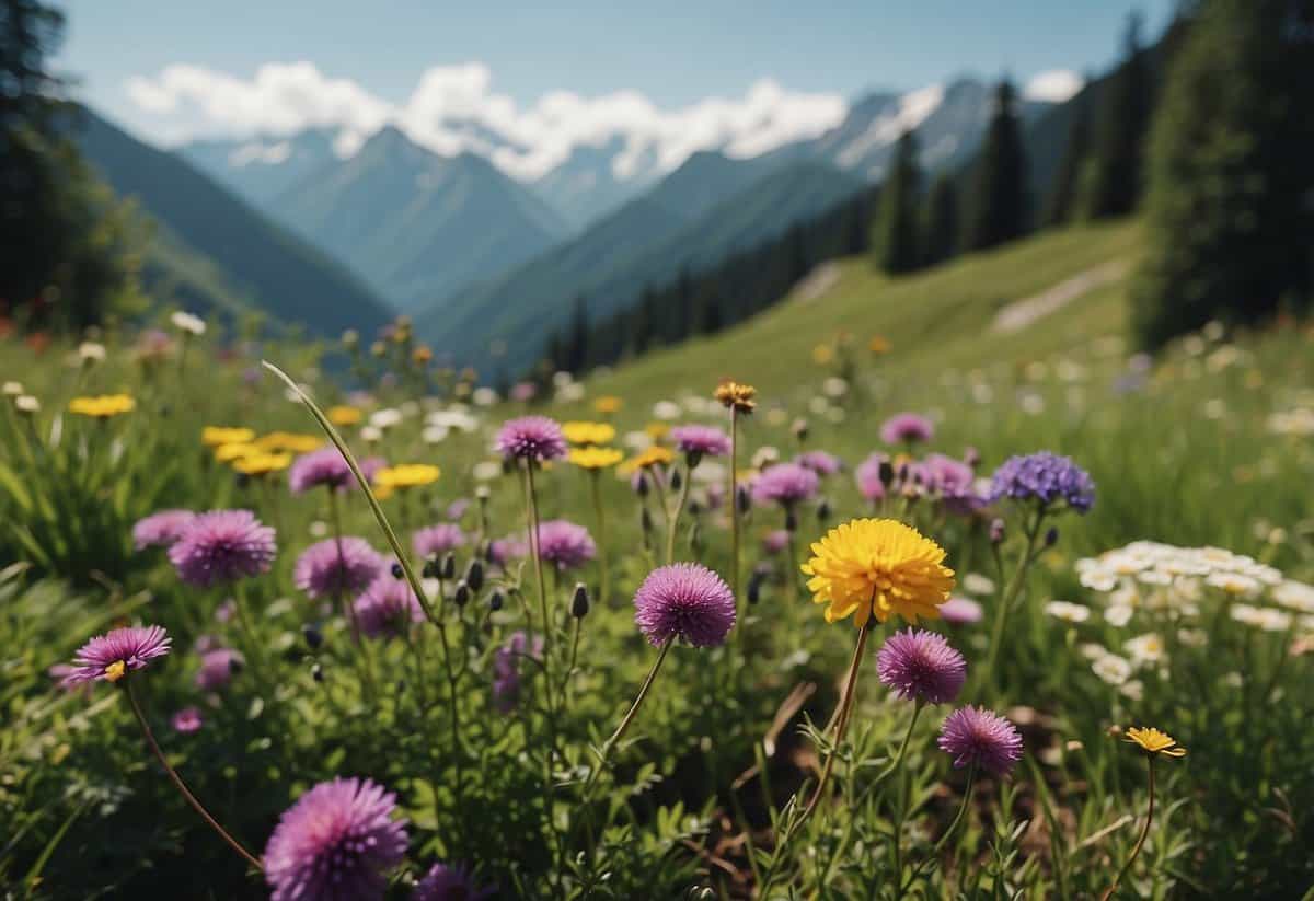 Lush alpine meadow garden with vibrant flowers, winding paths, and mountain backdrop