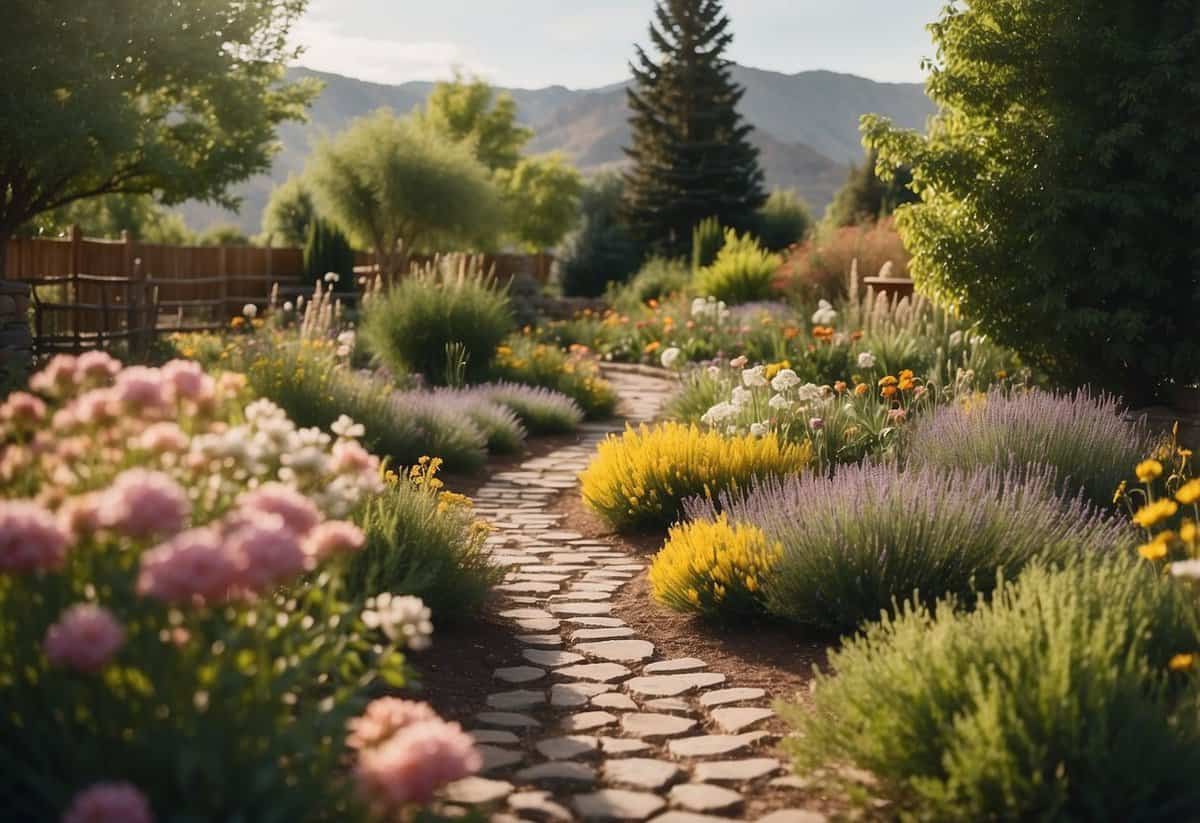 A quaint garden with vibrant blooms and winding paths, nestled in the serene Utah countryside