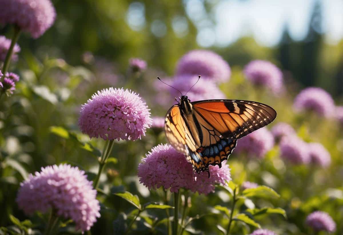 Vibrant flowers bloom in a lush garden, attracting colorful butterflies fluttering among the petals. The air is filled with the magic of nature