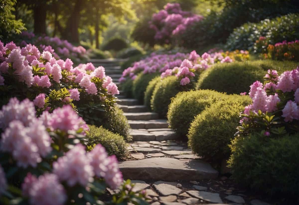 A stone pathway winds through a vibrant rhododendron garden, with bursts of pink, purple, and white blooms lining the sides