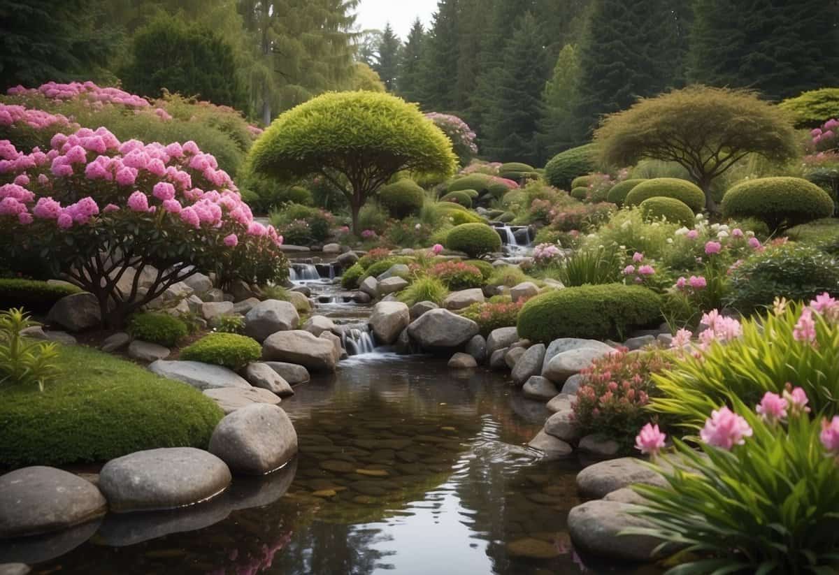 A serene garden with a winding stream, surrounded by lush rhododendron bushes and a tranquil pond