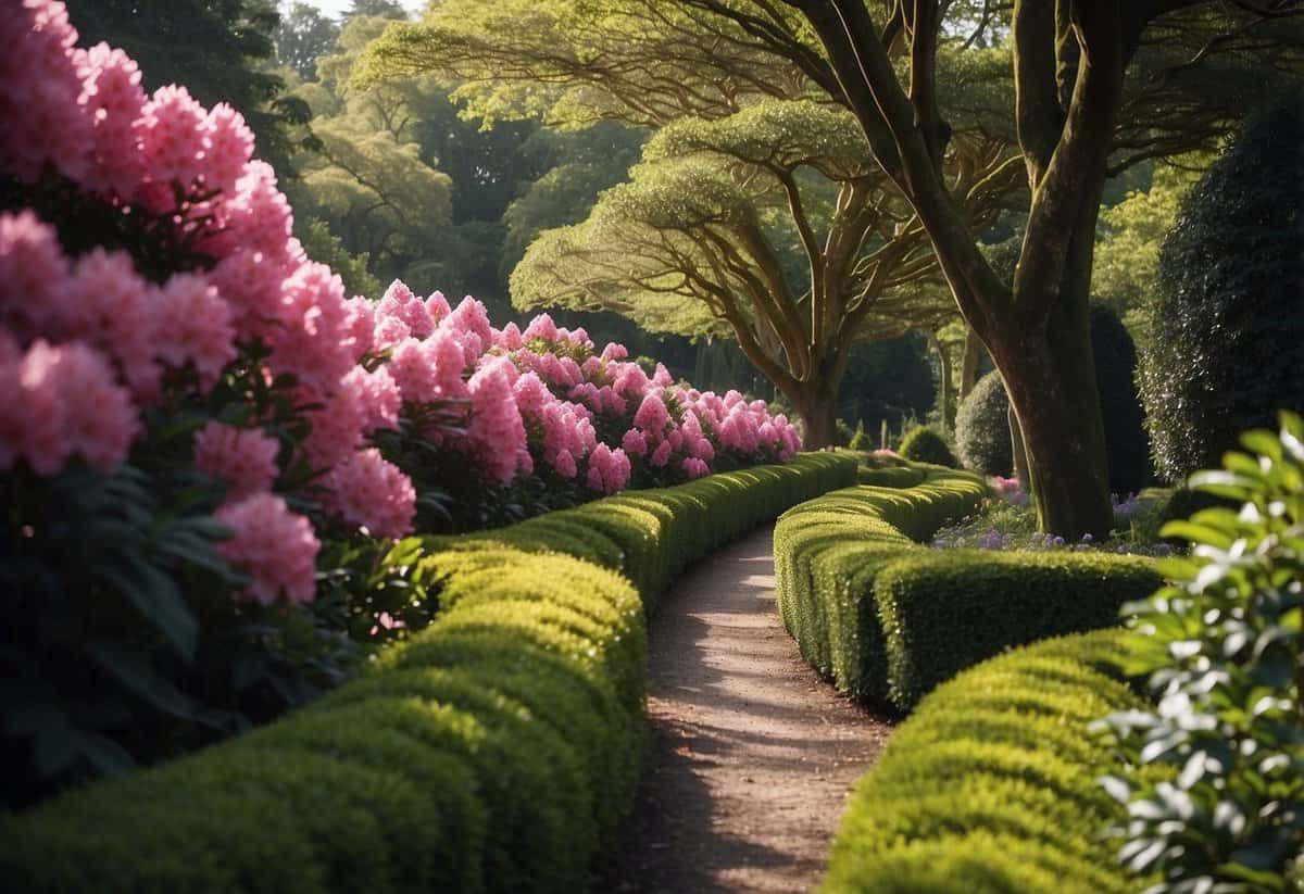 A lush rhododendron hedge lines a winding garden path, bursting with vibrant pink, purple, and white blossoms. Tall trees provide dappled sunlight, creating a peaceful and enchanting atmosphere