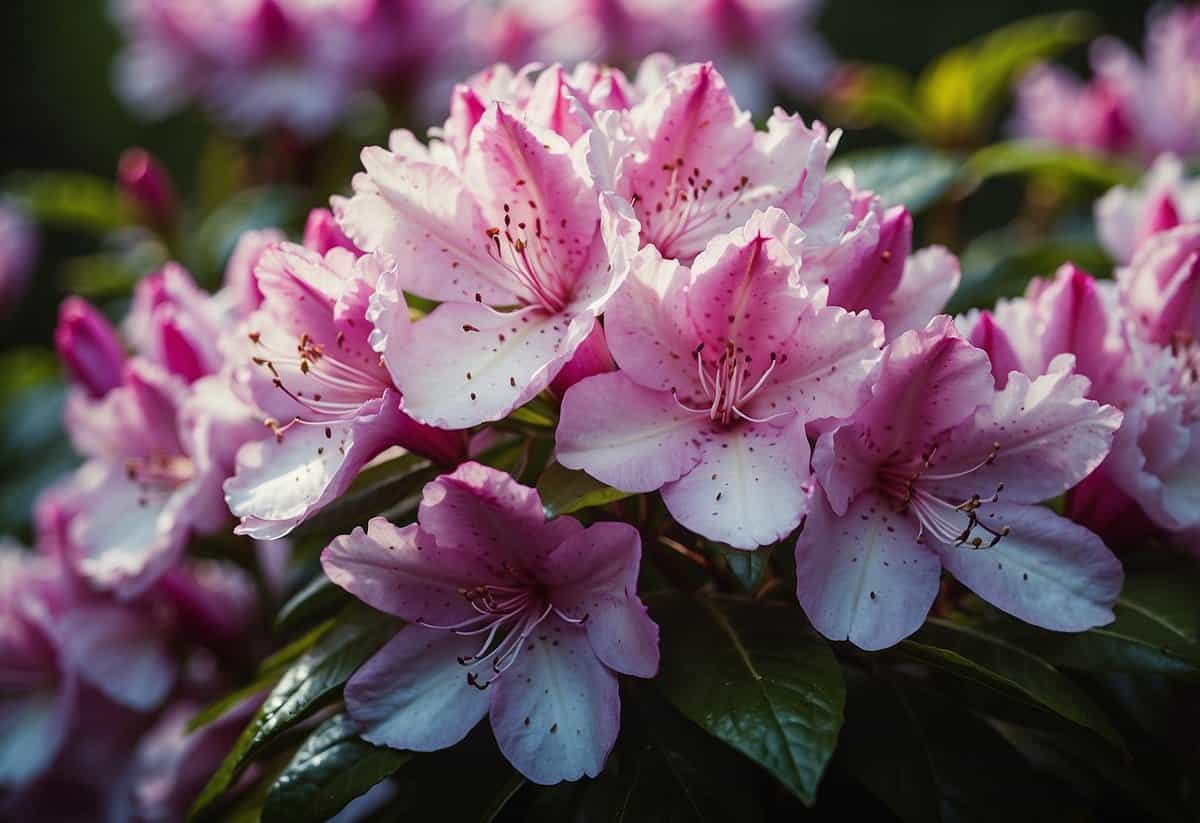 Vibrant rhododendrons bloom in clusters, creating a colorful and lush garden scene