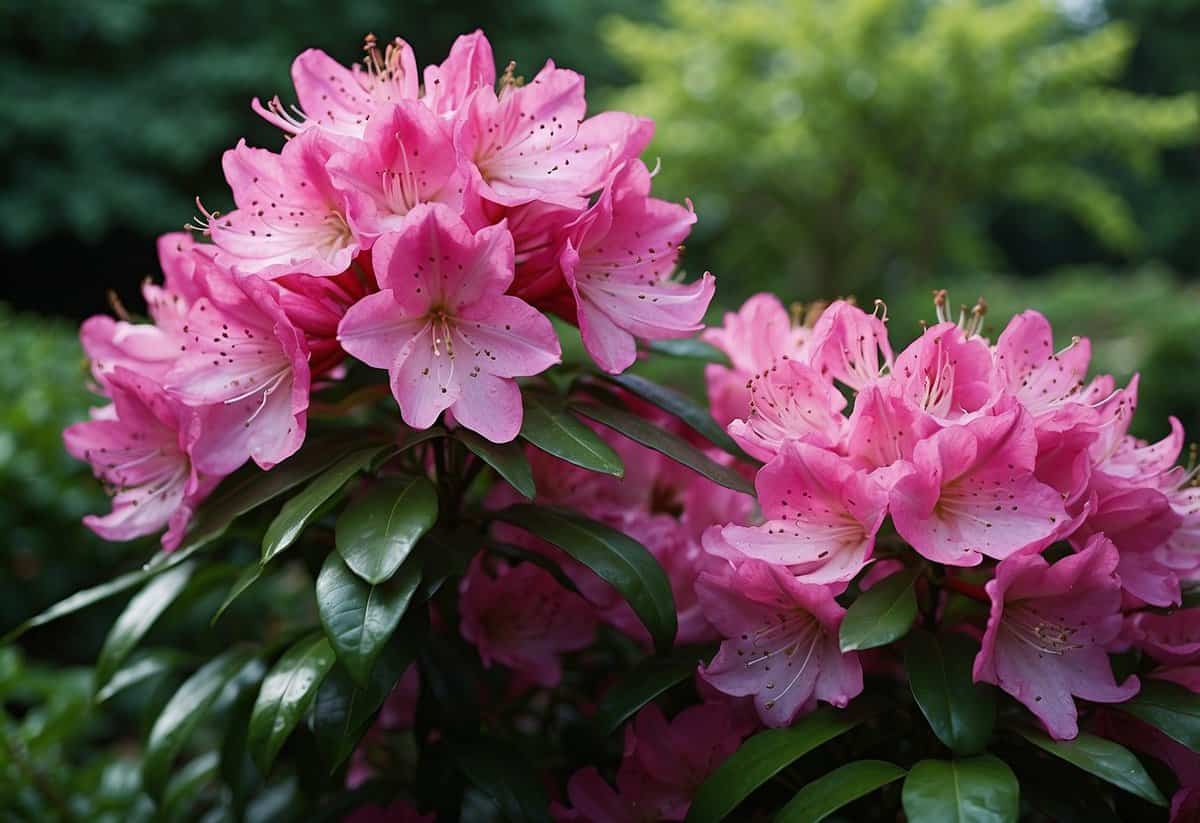 Evergreen shrubs and vibrant rhododendrons create a lush garden scene