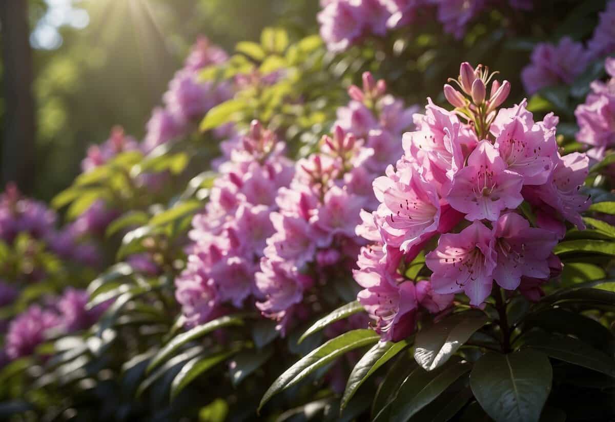 A lush garden of rhododendrons creates a natural privacy screen, with vibrant pink and purple blooms and dense foliage