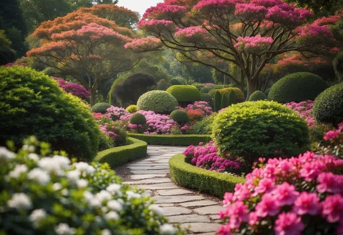 A serene garden filled with vibrant azaleas and rhododendrons, the colors blending together in a beautiful display of nature's beauty