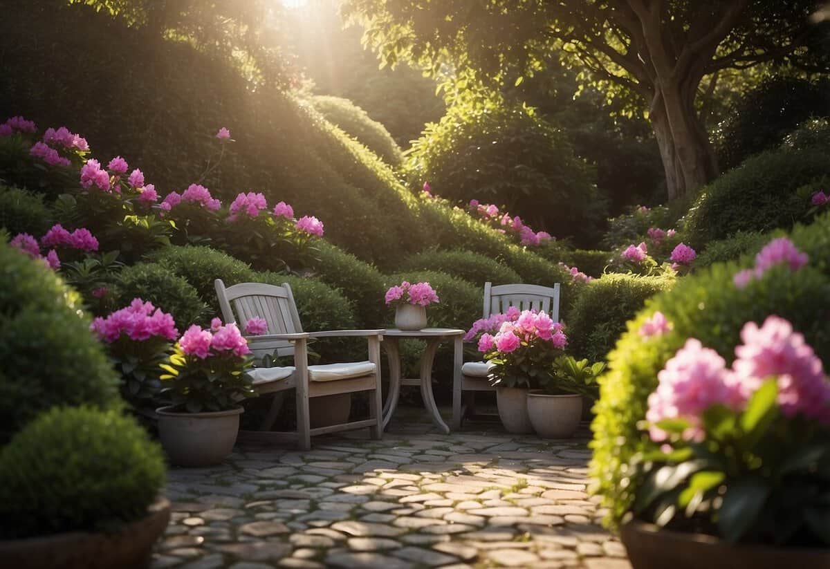 A cozy sitting area surrounded by blooming rhododendron bushes, with dappled sunlight filtering through the leaves creating a tranquil and serene atmosphere