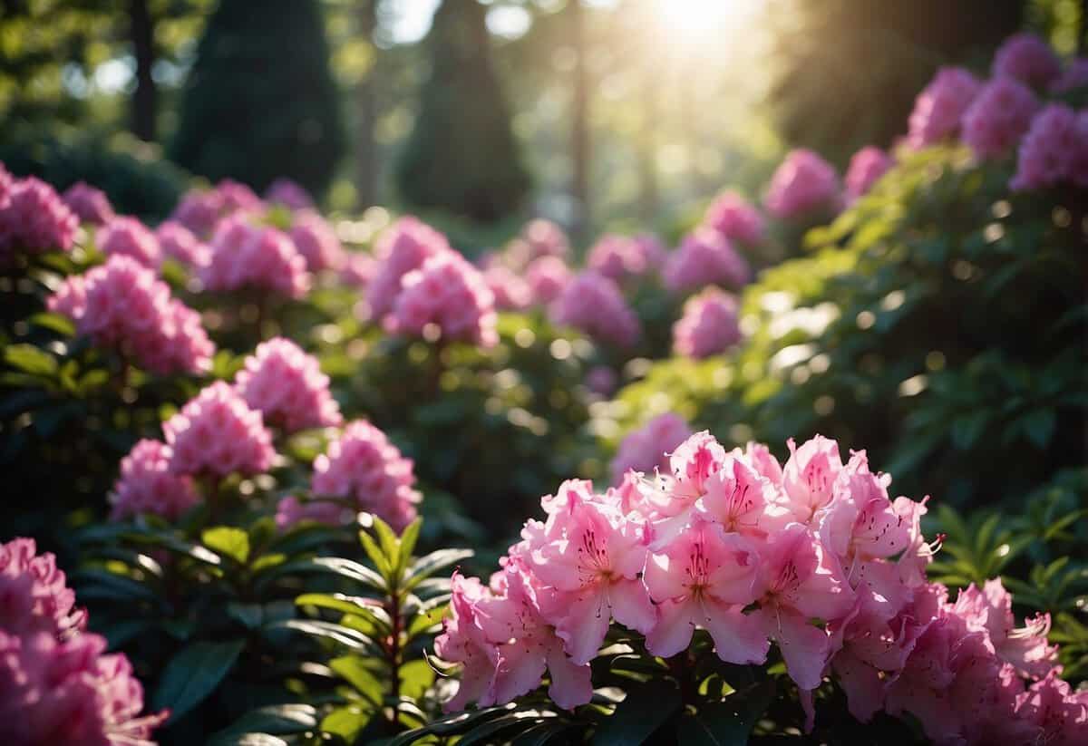 A lush garden bursting with vibrant rhododendrons and seasonal bulbs, creating a colorful and picturesque scene